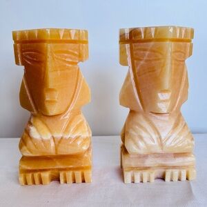 Vintage Large Carved alabaster or onyx Aztec-style bookends - Heavy